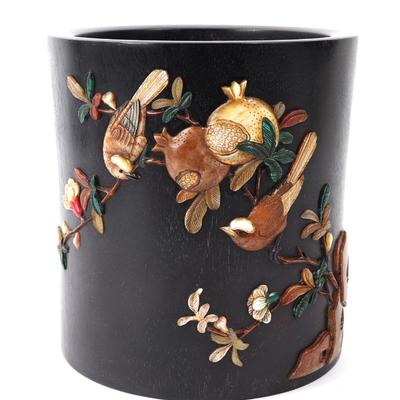 Sale Photo Thumbnail #305: Lot 305 gorgeous heavy chinese wood inlayed brush pot