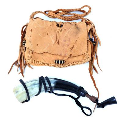 Sale Photo Thumbnail #103: Lot 103 elk hide shoulder bag with vintage powder horn