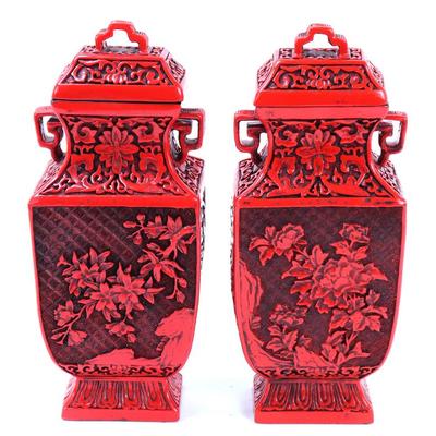 Sale Photo Thumbnail #304: Lot 304 gorgeous pair of antique chinese cinnabar vases