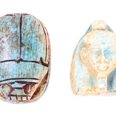 Sale Photo Thumbnail #147: Lot 147 group lot of faience scarab mummy mask beads