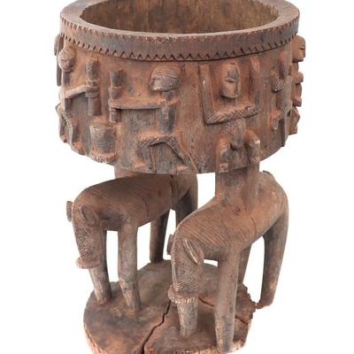 Lot 378 elaborate african wood carved beating drums ritual vessel