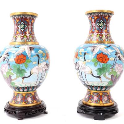 Sale Photo Thumbnail #298: Lot 298 gorgeous pair of chinese crane cloisonne vases