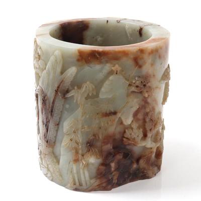 Sale Photo Thumbnail #302: Lot 302 chinese green brown jade brush pot, ex bonham's
