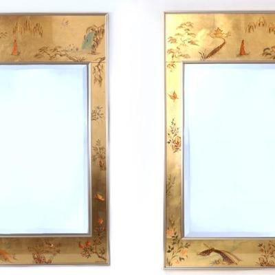 Sale Photo Thumbnail #230: Lot 230 pair of labarge hand painted chinoiserie wall mirrors signed