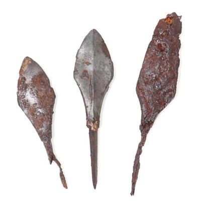 Sale Photo Thumbnail #17: Lot 17 three medieval iron leaf shaped arrowheads spearheads