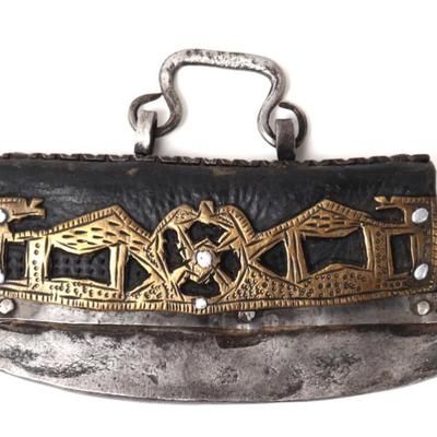 Sale Photo Thumbnail #94: Lot 94 tibetan leather brass openwork chuckmuck (fire start), 19th c.