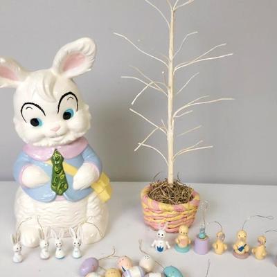 Easter Decorations. Large Vintage Porcelain Bunny, Tree, Little Ornaments 