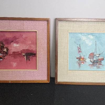 Vintage Small Ship Paintings 13.5" X 11.5" Loose Frame on Blue Painting 