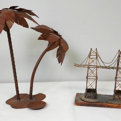 Metal Sculptures. 13x11inch Metal Palm Trees w/ Candle Holder, 7.5x9inch Metal Bridge