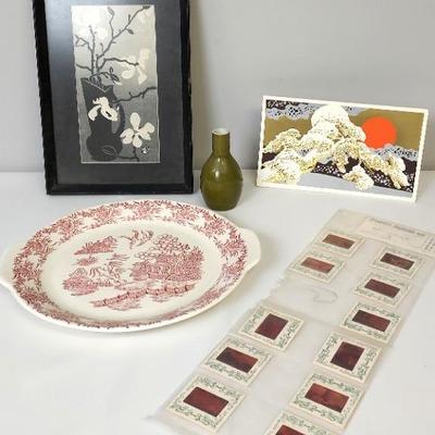Asian Art, Framed 11.5" x 8" Print, Green Bud Vase, Red Art Plate, Art Card, Singapore Color Slide