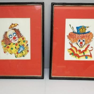 Vinatge Pair of Clown Prints in Framed 12"x15"