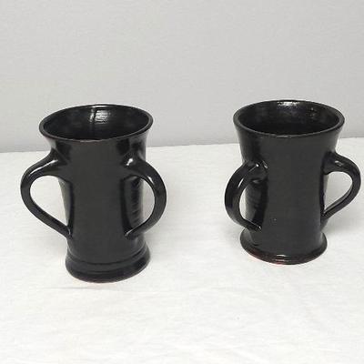Plymouth Plantation Triple Handle Mug Studio Art Pottery Oddity Matte Black Red Clay 5" Tall