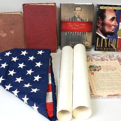 American/Abraham Lincoln Bundle, 2 Lincoln Books, 2 American History Books, American Flag, 2 Posters