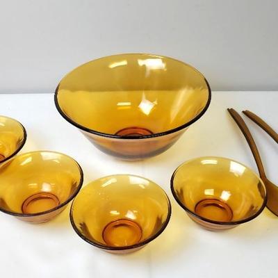 Amber Glass Salad Set, Amber Glass Chip and Dip Set In Original Boxes 