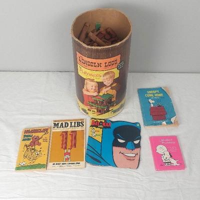 Vintage Toys! Lincoln Logs, 1966 Batman, Peanuts, Heathcliff, Madlibs Only One Page Used.