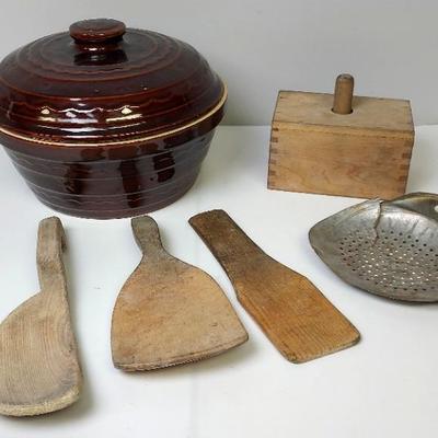 Vintage Cookware Bundle. Stoneware Crock, Wood Paddles, Soap Press Box, Antique Strainer