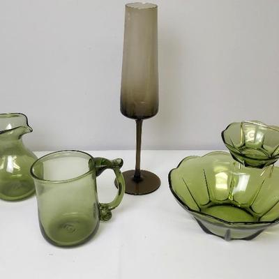 Green Glass! Chip & Dip Set, Creamer Sugar Set, Smokey Wine Flute