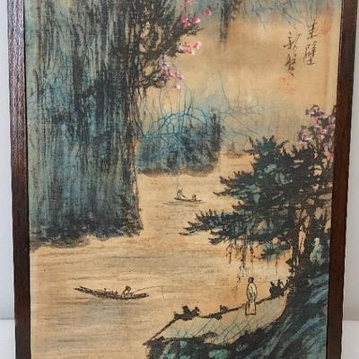 Antique Chinese Art 1. 13x10inch Handpainted Water Scene on Cloth.