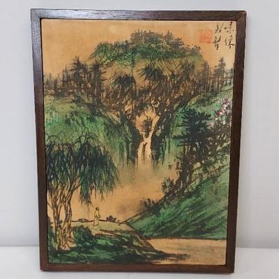 Antique Chinese Art 3. 10x13inch River and Forest Scene on Cloth.