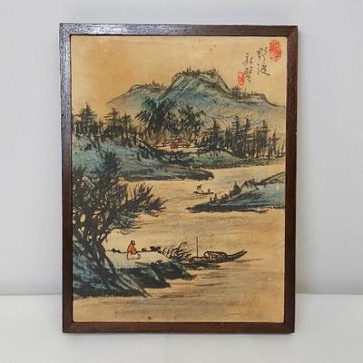 Antique Chinese Art 4. 10x13inch Handpainted River and Mountain Scene on Cloth