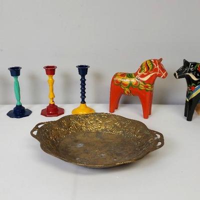 Heavy Solid Brass Carved Bowl, Indian Wooden Horses, Colorful Metal Candleholders.