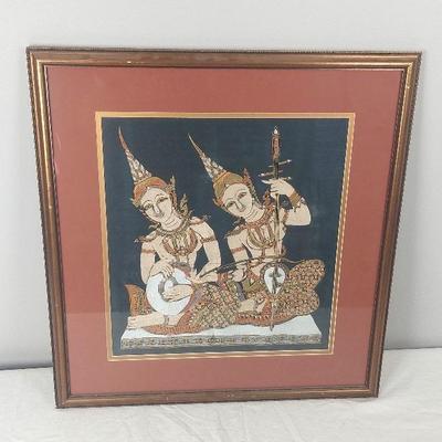 Vintage Thai Painted Black Silk 24"×23". Minor Scratches On Frame.