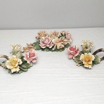 Vintage Large Capodimonte Italy Porcelain Ceramic Rose 2 Candlestick Holders & Centerpiece 