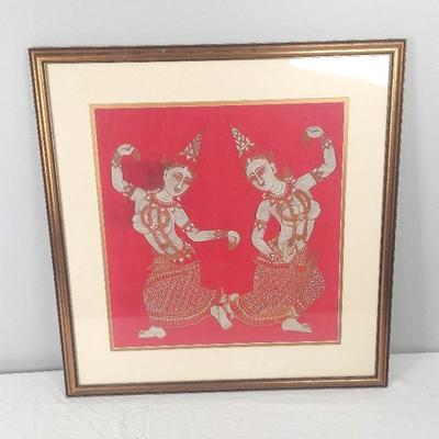 Vintage Thai Painted Red Silk 25"×24" 