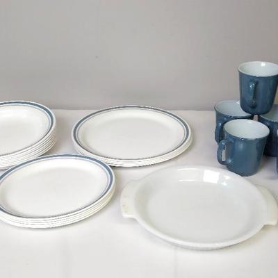 Blue Dish Set. Corelle Plates, Pyrex Mugs, Fire King Casserole Dish