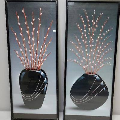 Vintage Pair of Asian Style Flowers in Vase Prints 20.5x8.5inch