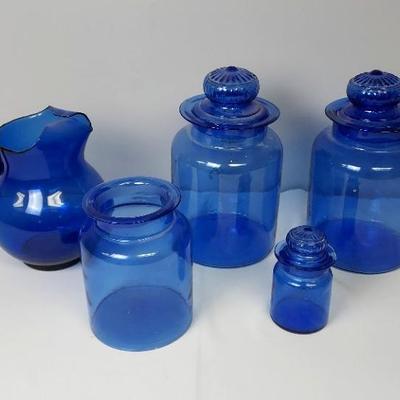 Blue Glass Jars and Pitcher