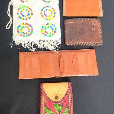 Vintage Wallets Velcro, Tooled Leather and Drawstring Bag (Missing a Few Beads)