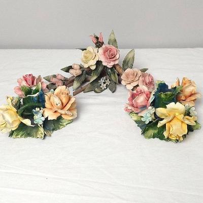 Vintage Capodimonte Italy Porcelain Ceramic Rose 2 Candlestick Holders & Centerpiece 