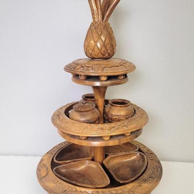 Vintage  3-tier Pineapple Hand Carved Monkey Pod Lazy Susan Serving Tray