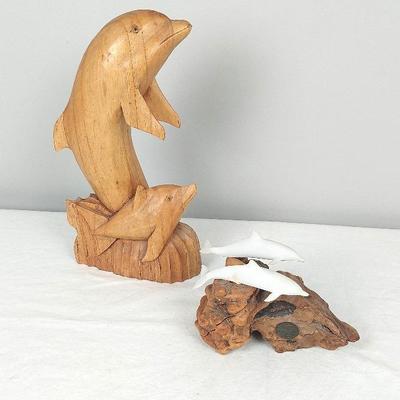 Dolphins! Wood Dolphin, John Perry White Dolphins On Wood Base
