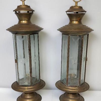 Brass and Etched Glass Lanterns 2nd Pair Dark Patina 22" Tall 6.5" Wide