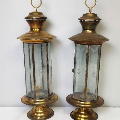 Brass and Etched Glass Lanterns 1st Shiny Pair 22" Tall 6.5" Wide