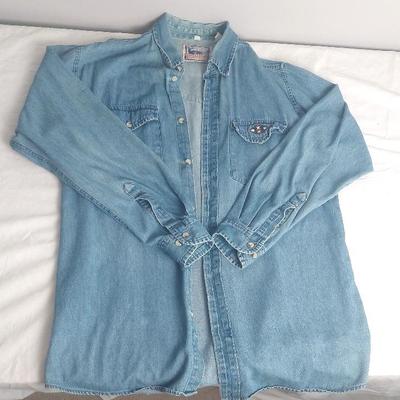 Vintage Red Lodge Denim Shirt with Embroidered Accents Tagged Medium Fits Large 
