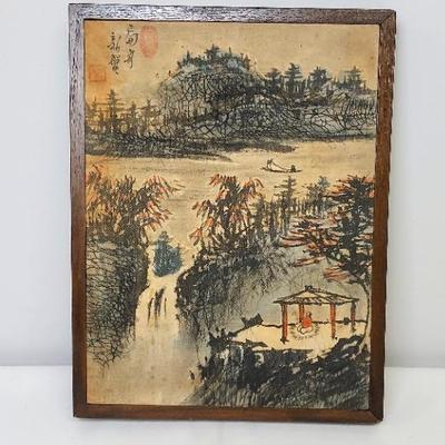 Antique Chinese Art 2. 10x13inch Handpainted Waterfall Scene on Cloth