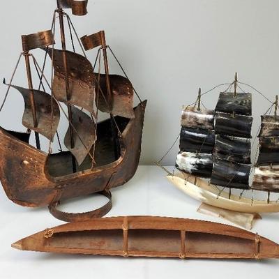 Decorative Boats. 16"x12"Copper Boat, 11"x13.5" Buffalo Horn Boat, 16x3 Handcarved Wood Boat