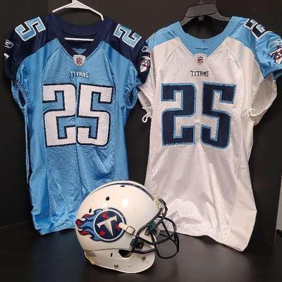Titans NFL Football Gear Collection, Featuring Team-Issued Helmet And Matching #25 Jerseys