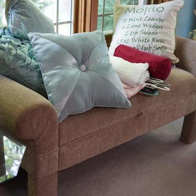 Sweet little window bench with lift top seat. Beige velour fabric. This has a stain but maybe can clean it. 