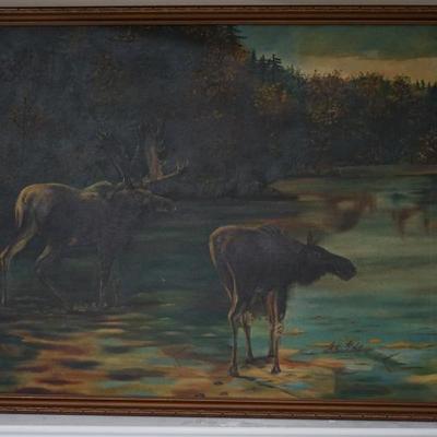 1950's framed print of the north with Mosse in a rive . 