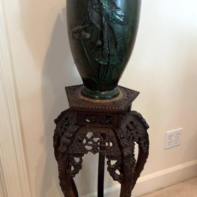 Japanese art nouveau bronze iris vase with chinese carved plant stand