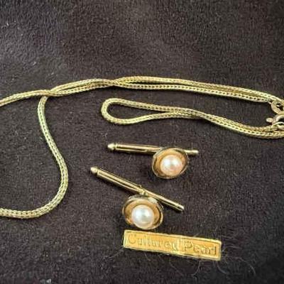 Italy 14k gold necklace cultural pearl cuff links