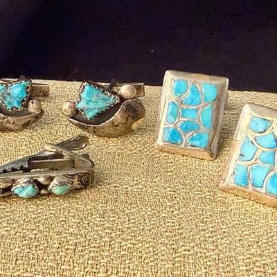 Turquoise sterling cuff links tie bar