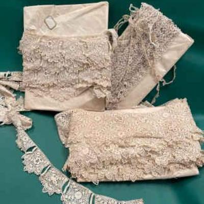 Handmade vintage lace yardage and 45 inch tablecloth