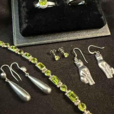 Sterling earrings & rings, green stone bracelet, ring & earrings