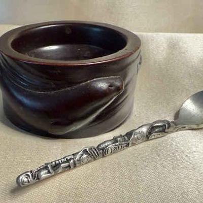 Vintage native design boma salt dish w fine pewter spoon
