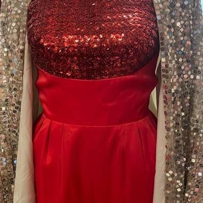 Red sequin dress with cropped and long jackets